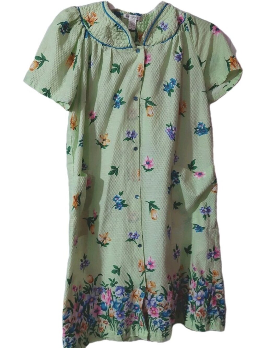 Emily Stacy Housecoat Green Size Small Floral Seersucker Pearl Snap Robe
